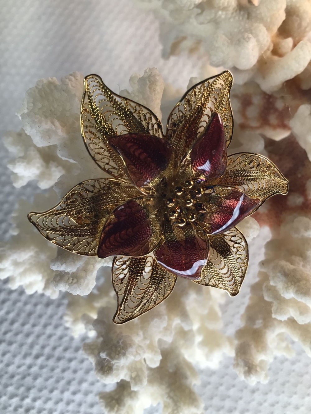 Vintage Italian Filigree Enamel Flower Brooch Gold Vermeil Sterling 925